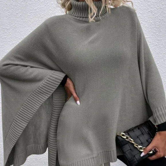 Turtleneck Batwing Sleeve Knit PonchO - Picture 5 of 7